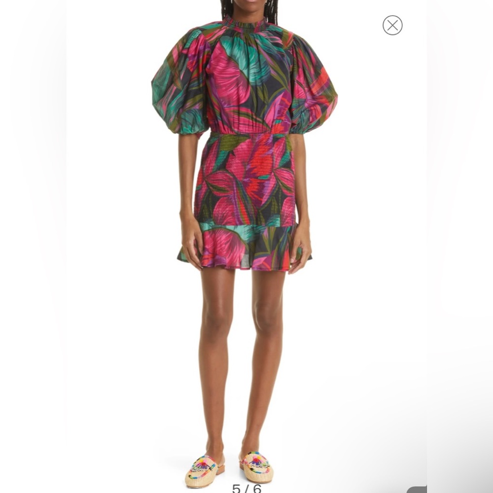 FARM Rio Midnight Leaves Smocked Puff Sleeve Dress size Small